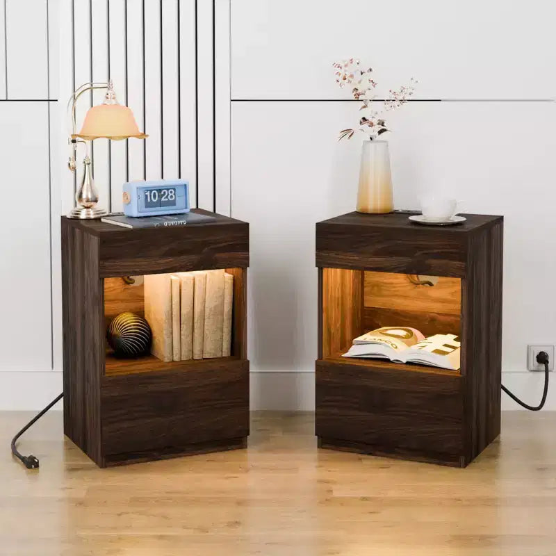 Hommpa Modern Open Shelf Nightstand with LED Light Charging Station & 2 Drawers