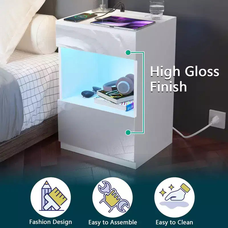 Hommpa Modern Open Shelf Nightstand with LED Light Charging Station & 2 Drawers