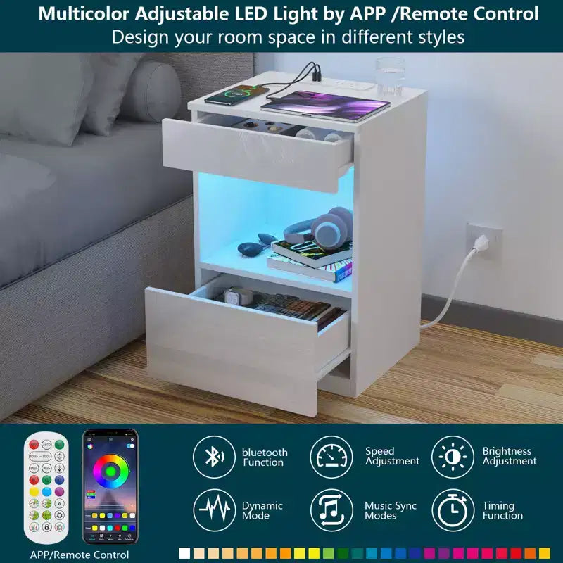 Hommpa Modern Open Shelf Nightstand with LED Light Charging Station & 2 Drawers