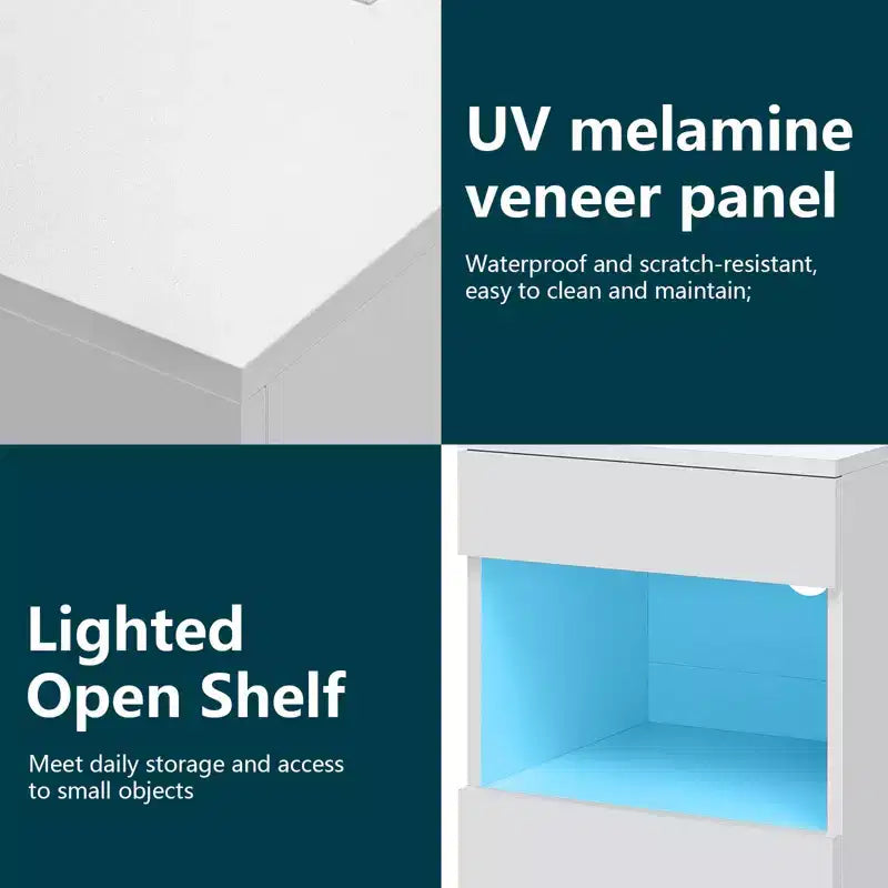 Hommpa Modern Open Shelf Nightstand with LED Light Charging Station & 2 Drawers