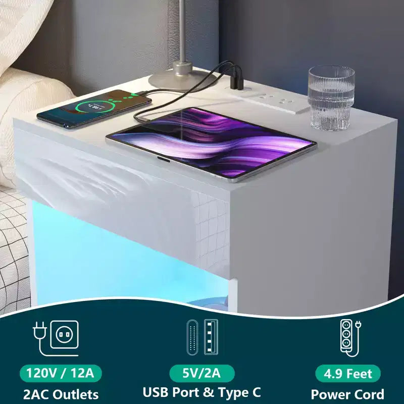 Hommpa Modern Open Shelf Nightstand with LED Light Charging Station & 2 Drawers