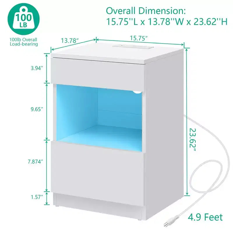 Hommpa Modern Open Shelf Nightstand with LED Light Charging Station & 2 Drawers
