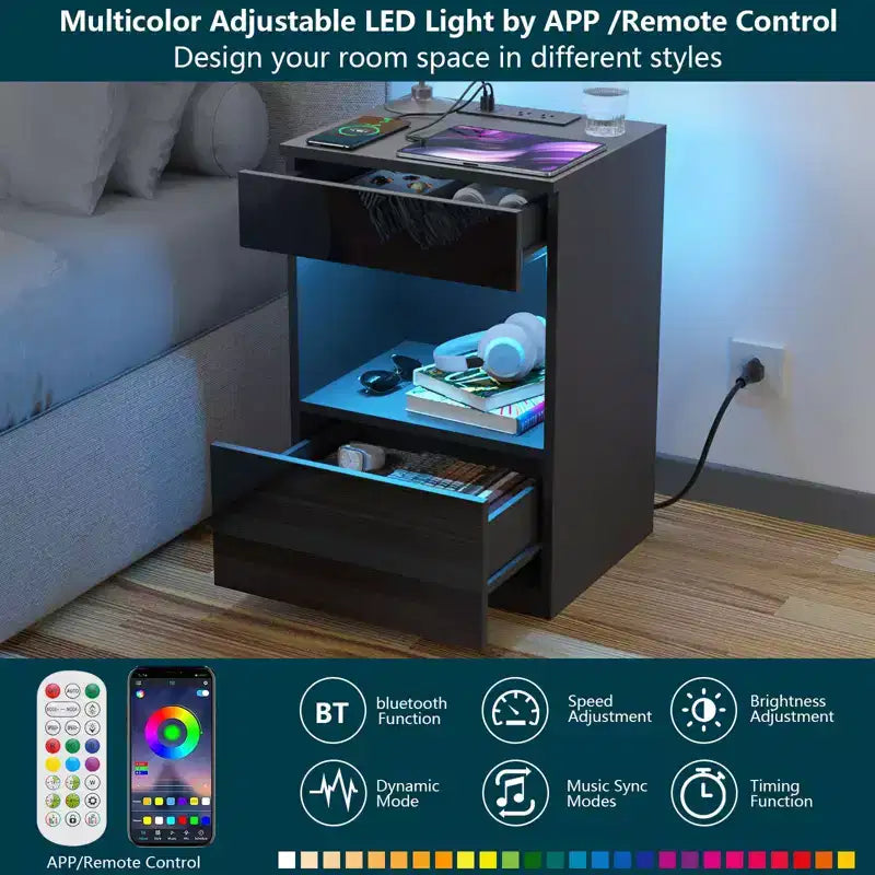 Hommpa Modern Open Shelf Nightstand with LED Light Charging Station & 2 Drawers