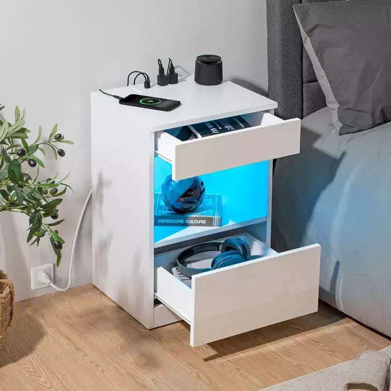 Hommpa Modern Open Shelf Nightstand with LED Light Charging Station & 2 Drawers