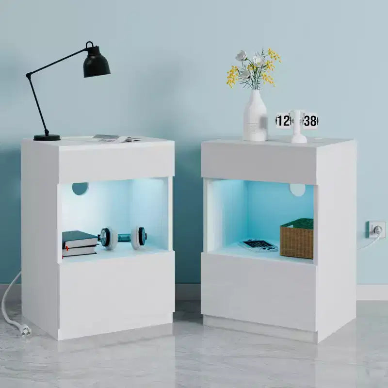Hommpa Modern Open Shelf Nightstand with LED Light Charging Station & 2 Drawers