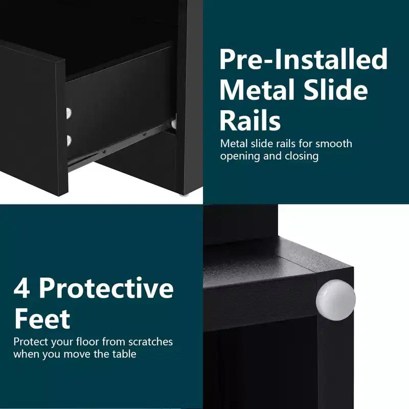 Hommpa Modern Open Shelf Nightstand with LED Light Charging Station & 2 Drawers