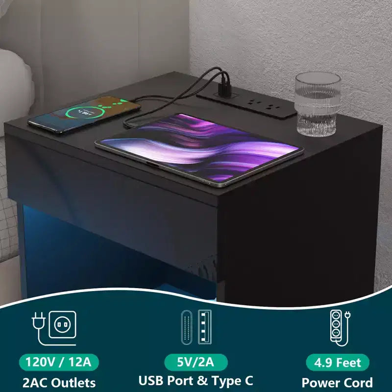 Hommpa Modern Open Shelf Nightstand with LED Light Charging Station & 2 Drawers