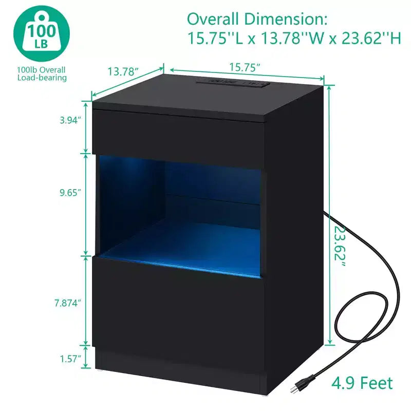 Hommpa Modern Open Shelf Nightstand with LED Light Charging Station & 2 Drawers
