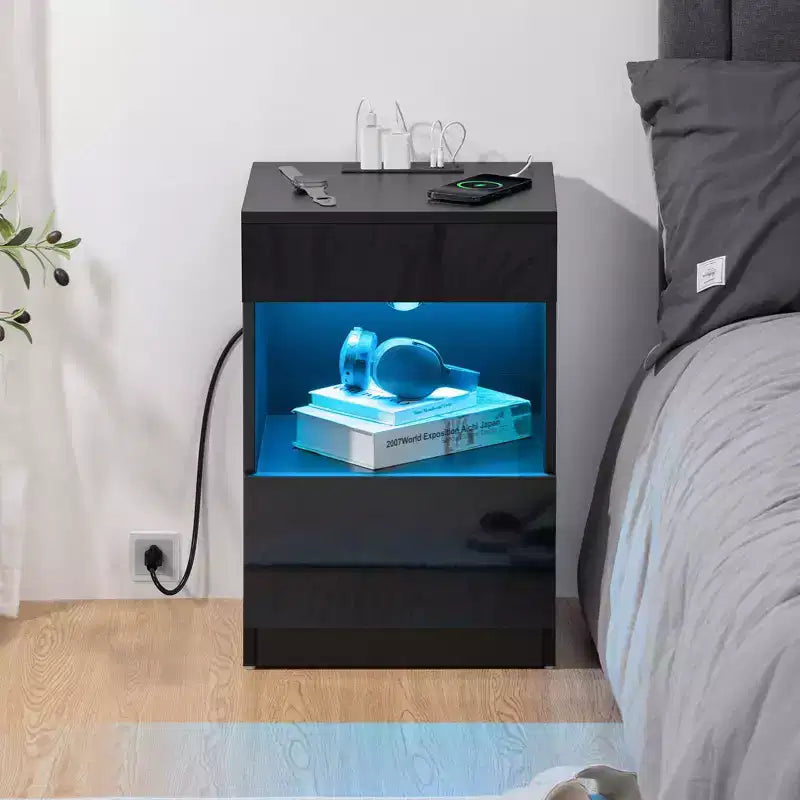 Hommpa Modern Open Shelf Nightstand with LED Light Charging Station & 2 Drawers