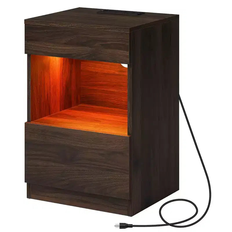 Hommpa Modern Open Shelf Nightstand with LED Light Charging Station & 2 Drawers