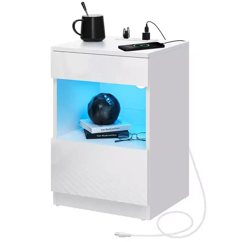 Hommpa Modern Open Shelf Nightstand with LED Light Charging Station & 2 Drawers