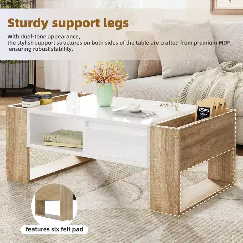 Rectangle Cocktail Table with Open Storage Shelf for Living Room, Bedroom, White, 41.3*23.6