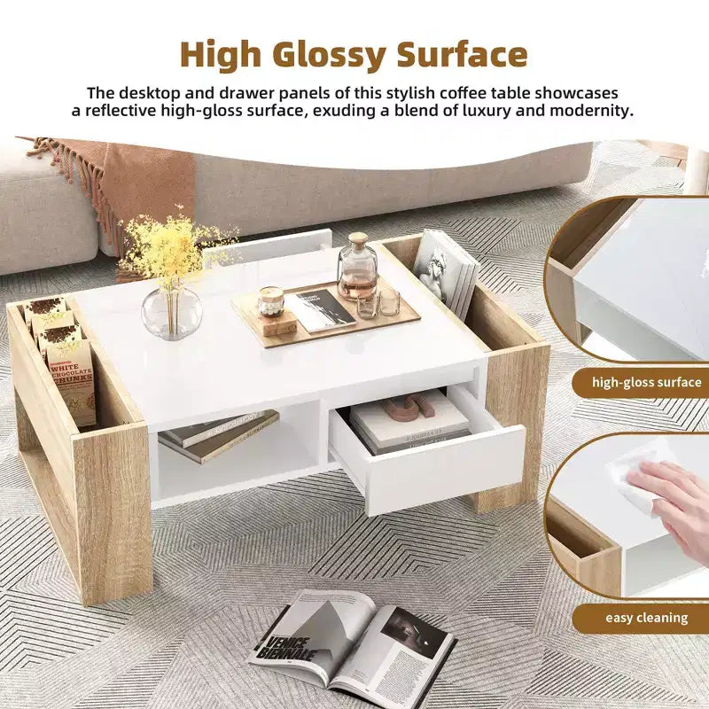 Rectangle Cocktail Table with Open Storage Shelf for Living Room, Bedroom, White, 41.3*23.6