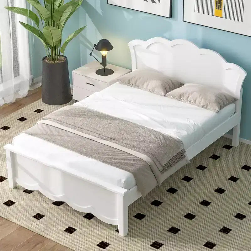 Full/Twin Size Platform Bed, Wooden Bed Frame with Headboard and Twin Size Trundle, White -ModernLuxe