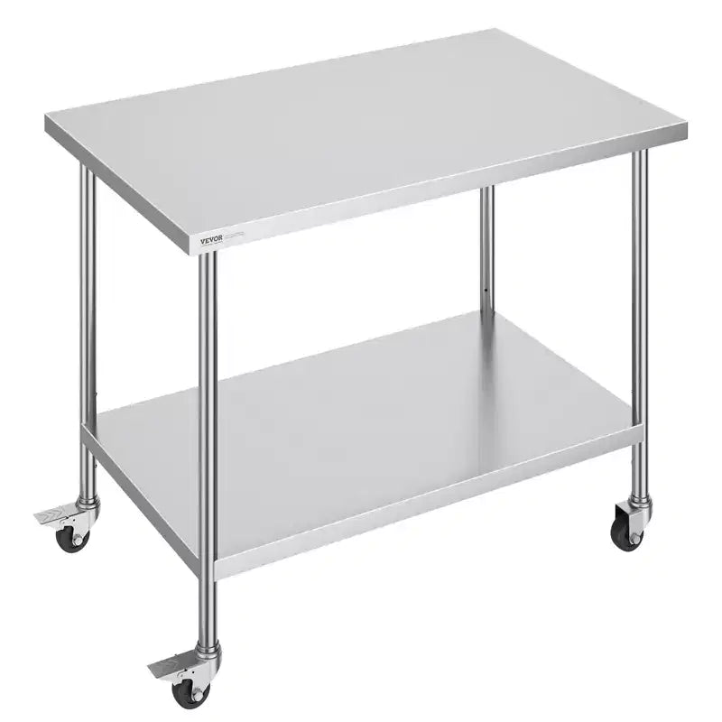 VEVOR Stainless Steel Work Table 30 x 48 x 38 Inch, with 4 Wheels, 3 Adjustable Height Levels, Heavy Duty Food Prep Worktable, Silver