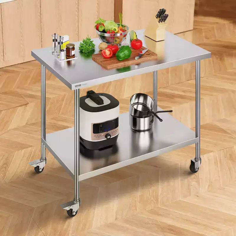 VEVOR Stainless Steel Work Table 30 x 48 x 38 Inch, with 4 Wheels, 3 Adjustable Height Levels, Heavy Duty Food Prep Worktable, Silver