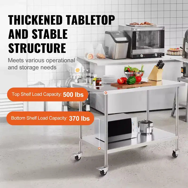 VEVOR Stainless Steel Work Table 30 x 48 x 38 Inch, with 4 Wheels, 3 Adjustable Height Levels, Heavy Duty Food Prep Worktable, Silver
