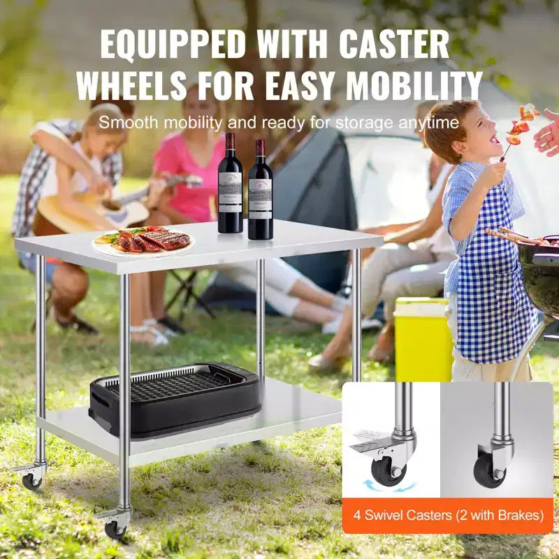 VEVOR Stainless Steel Work Table 30 x 48 x 38 Inch, with 4 Wheels, 3 Adjustable Height Levels, Heavy Duty Food Prep Worktable, Silver