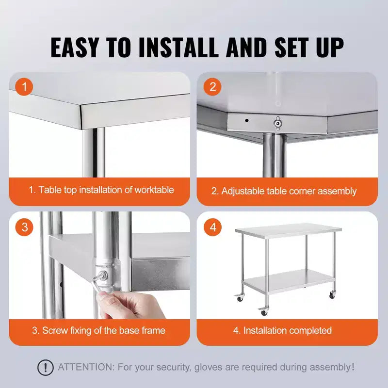 VEVOR Stainless Steel Work Table 30 x 48 x 38 Inch, with 4 Wheels, 3 Adjustable Height Levels, Heavy Duty Food Prep Worktable, Silver