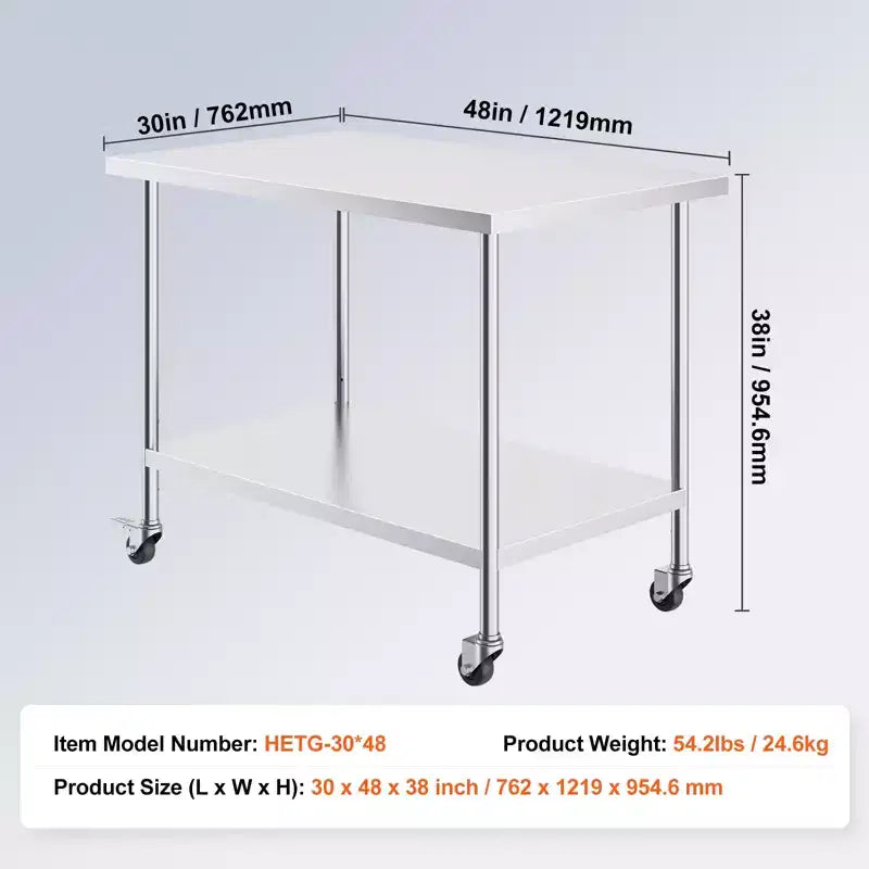 VEVOR Stainless Steel Work Table 30 x 48 x 38 Inch, with 4 Wheels, 3 Adjustable Height Levels, Heavy Duty Food Prep Worktable, Silver