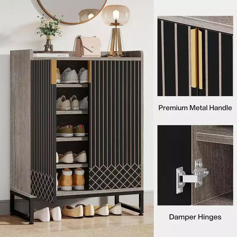 Lantine Shoe Cabinet with Doors, 5-Tier Grey Shoe Storage Cabinet for 25 Pairs, Wooden Shoes Rack Organizer for Entryway, Living Room, Hallway