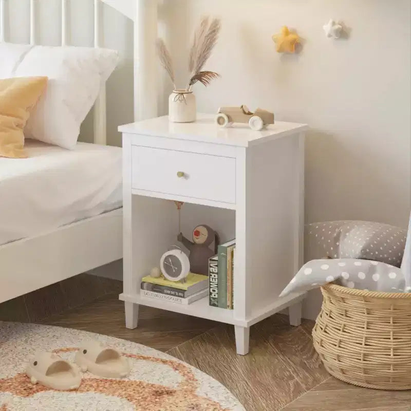 26.77''H White Wooden Nightstand with One Drawer and Shelf, Golden Handle, MDF Construction for Kids and Adults