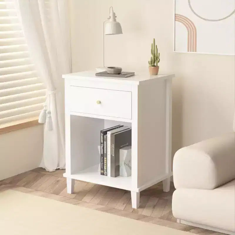 26.77''H White Wooden Nightstand with One Drawer and Shelf, Golden Handle, MDF Construction for Kids and Adults