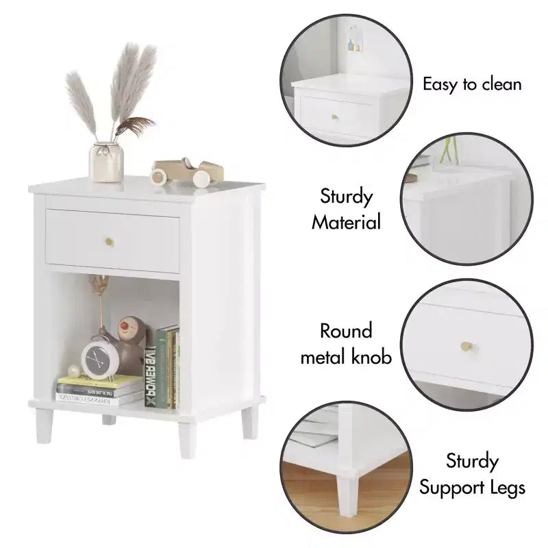 26.77''H White Wooden Nightstand with One Drawer and Shelf, Golden Handle, MDF Construction for Kids and Adults