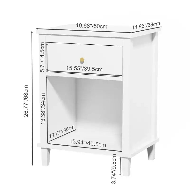 26.77''H White Wooden Nightstand with One Drawer and Shelf, Golden Handle, MDF Construction for Kids and Adults
