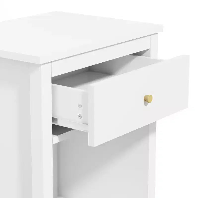 26.77''H White Wooden Nightstand with One Drawer and Shelf, Golden Handle, MDF Construction for Kids and Adults
