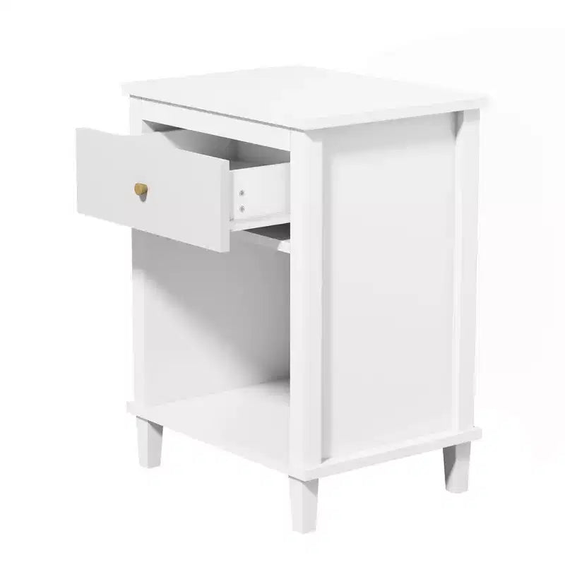 26.77''H White Wooden Nightstand with One Drawer and Shelf, Golden Handle, MDF Construction for Kids and Adults