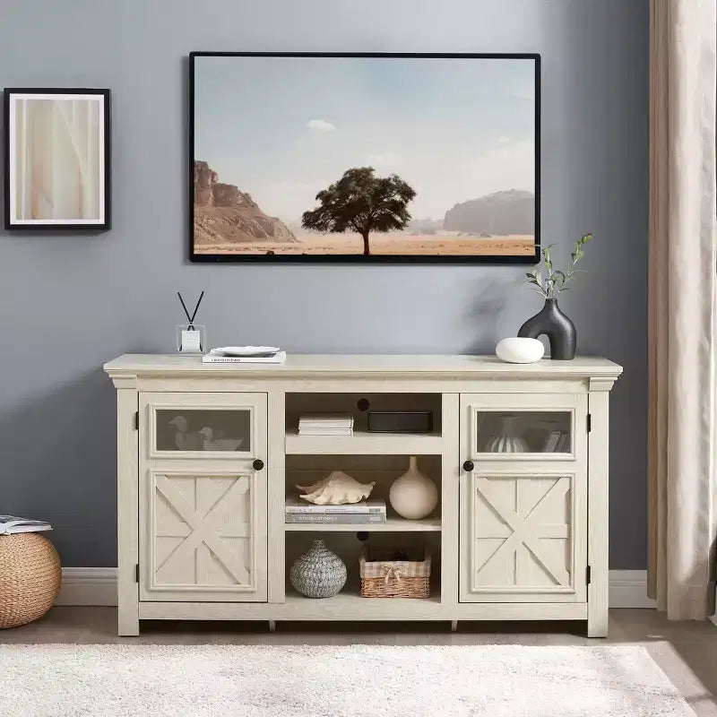 JVNOXK 60-inch double-door farmhouse-style cabinet, barn design, farmhouse TV stand, modern media cabinet with storage space, white