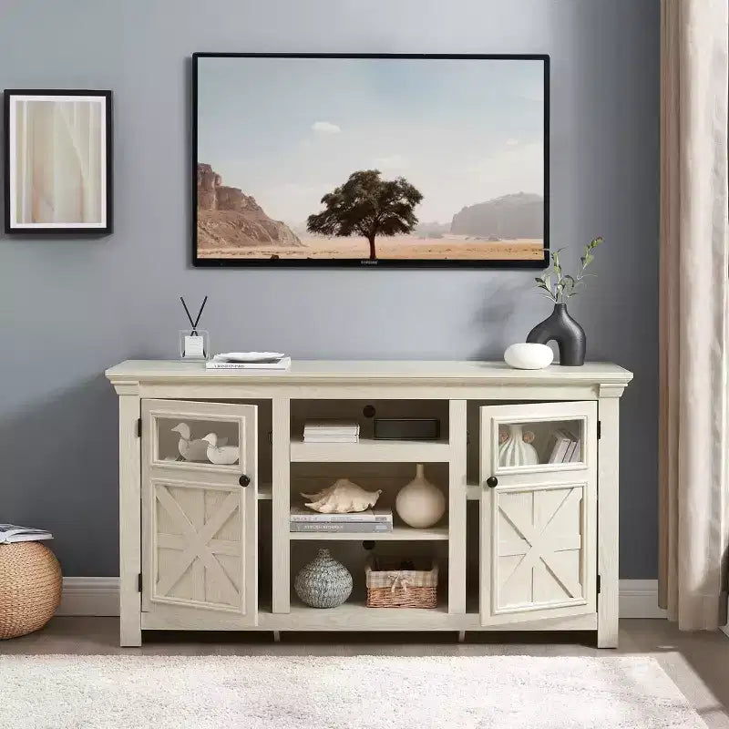 JVNOXK 60-inch double-door farmhouse-style cabinet, barn design, farmhouse TV stand, modern media cabinet with storage space, white