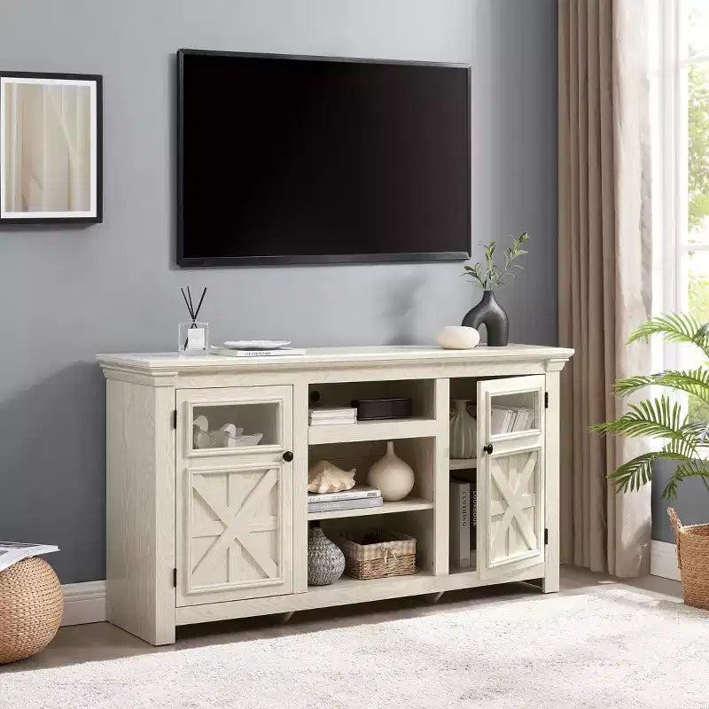 JVNOXK 60-inch double-door farmhouse-style cabinet, barn design, farmhouse TV stand, modern media cabinet with storage space, white