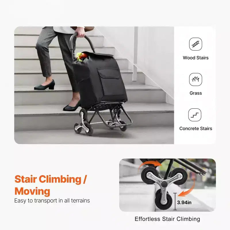 Stair Climbing Folding Shopping Cart with 6 Wheels and 36L Bag Black