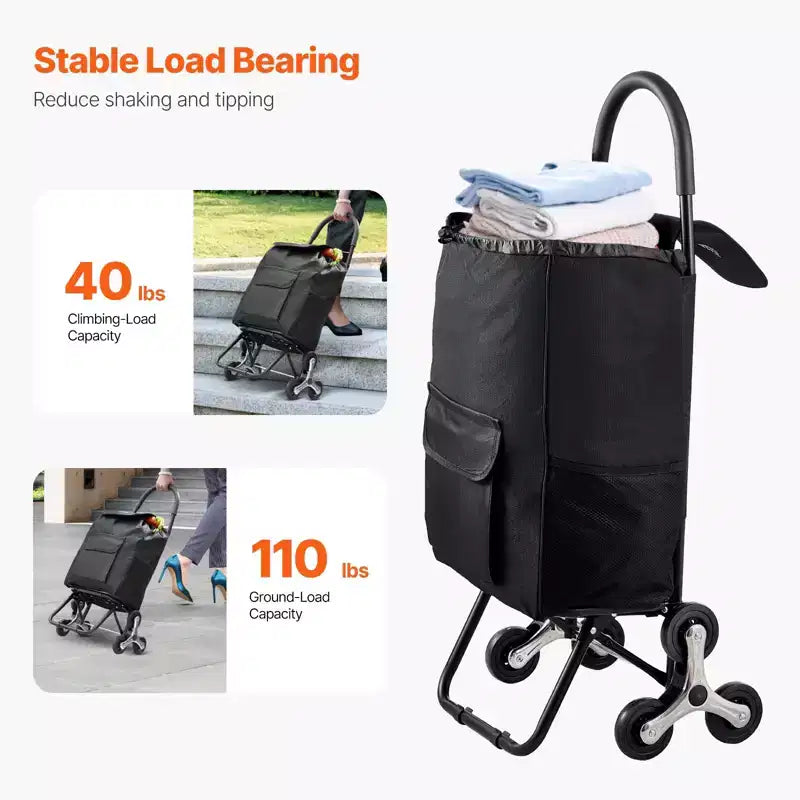 Stair Climbing Folding Shopping Cart with 6 Wheels and 36L Bag Black