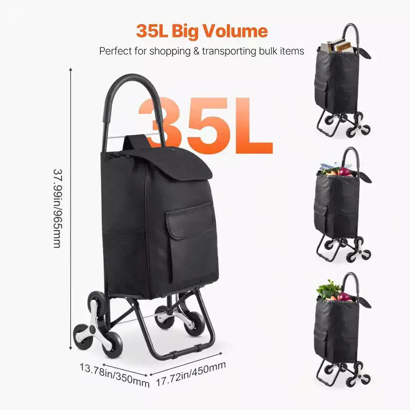 Stair Climbing Folding Shopping Cart with 6 Wheels and 36L Bag Black