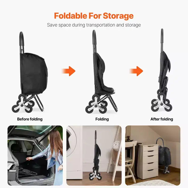Stair Climbing Folding Shopping Cart with 6 Wheels and 36L Bag Black