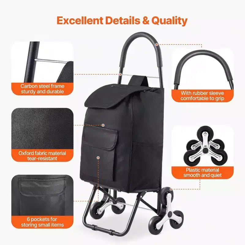 Stair Climbing Folding Shopping Cart with 6 Wheels and 36L Bag Black