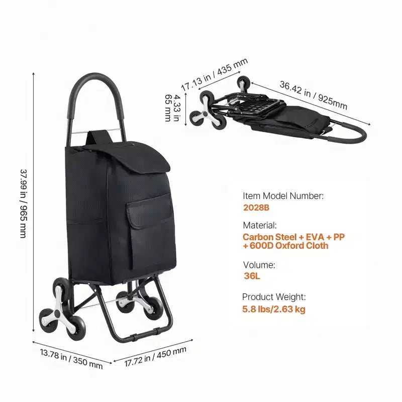 Stair Climbing Folding Shopping Cart with 6 Wheels and 36L Bag Black