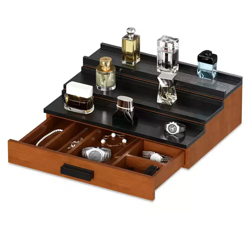 Wooden Cologne Display Stand 3-Tier Perfume Organizer with Hidden Storage Drawer Fragrance Riser for Countertop Decor Unique Gift
