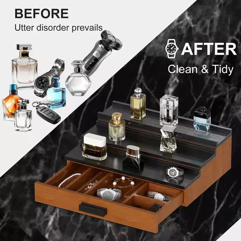 Wooden Cologne Display Stand 3-Tier Perfume Organizer with Hidden Storage Drawer Fragrance Riser for Countertop Decor Unique Gift