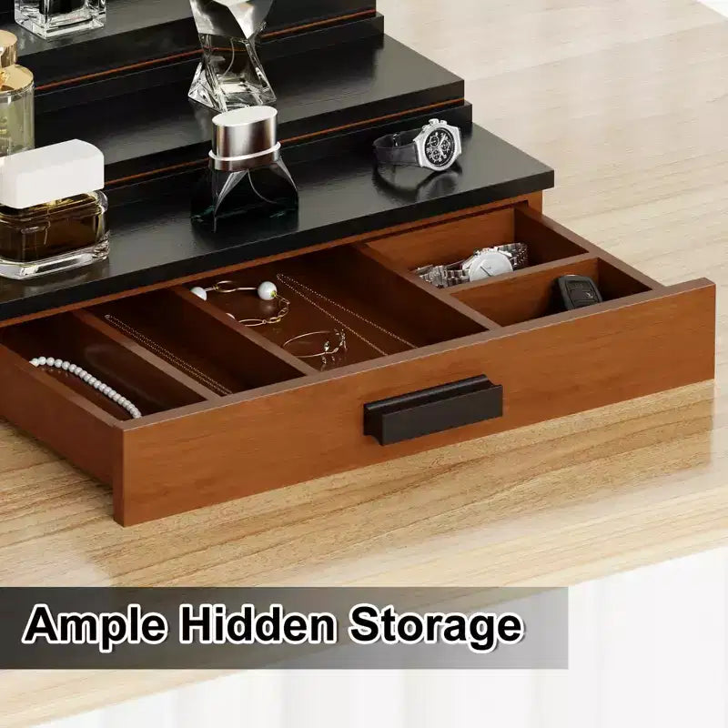 Wooden Cologne Display Stand 3-Tier Perfume Organizer with Hidden Storage Drawer Fragrance Riser for Countertop Decor Unique Gift