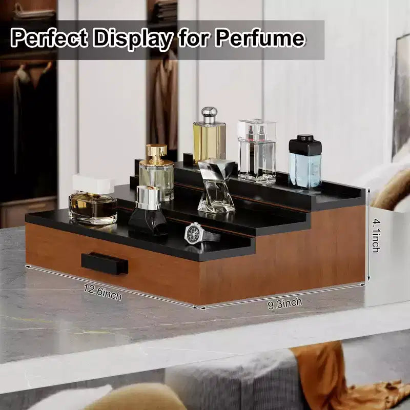 Wooden Cologne Display Stand 3-Tier Perfume Organizer with Hidden Storage Drawer Fragrance Riser for Countertop Decor Unique Gift
