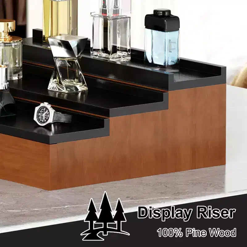 Wooden Cologne Display Stand 3-Tier Perfume Organizer with Hidden Storage Drawer Fragrance Riser for Countertop Decor Unique Gift
