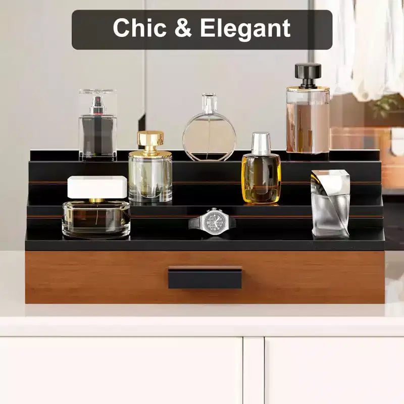 Wooden Cologne Display Stand 3-Tier Perfume Organizer with Hidden Storage Drawer Fragrance Riser for Countertop Decor Unique Gift