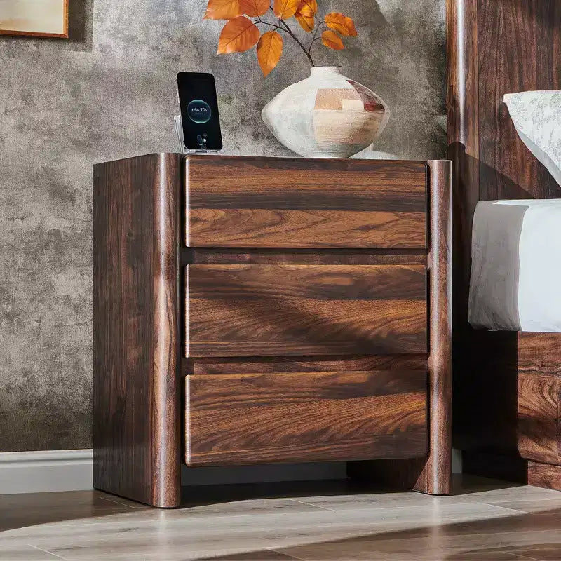25 Tall Modern Nightstand with Charging Station & 3 Drawers, Rounded Corner Design, Wood Bedside Table for Bedroom & Living Room