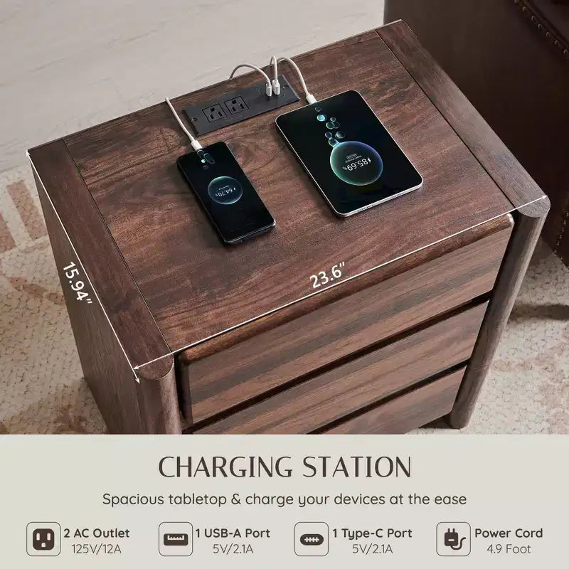 25 Tall Modern Nightstand with Charging Station & 3 Drawers, Rounded Corner Design, Wood Bedside Table for Bedroom & Living Room