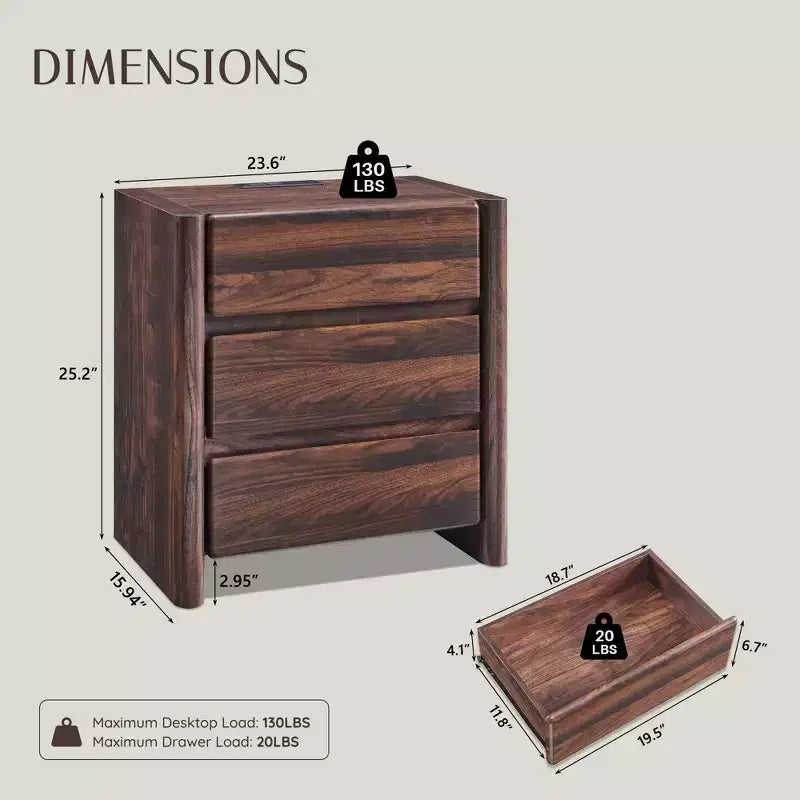 25 Tall Modern Nightstand with Charging Station & 3 Drawers, Rounded Corner Design, Wood Bedside Table for Bedroom & Living Room