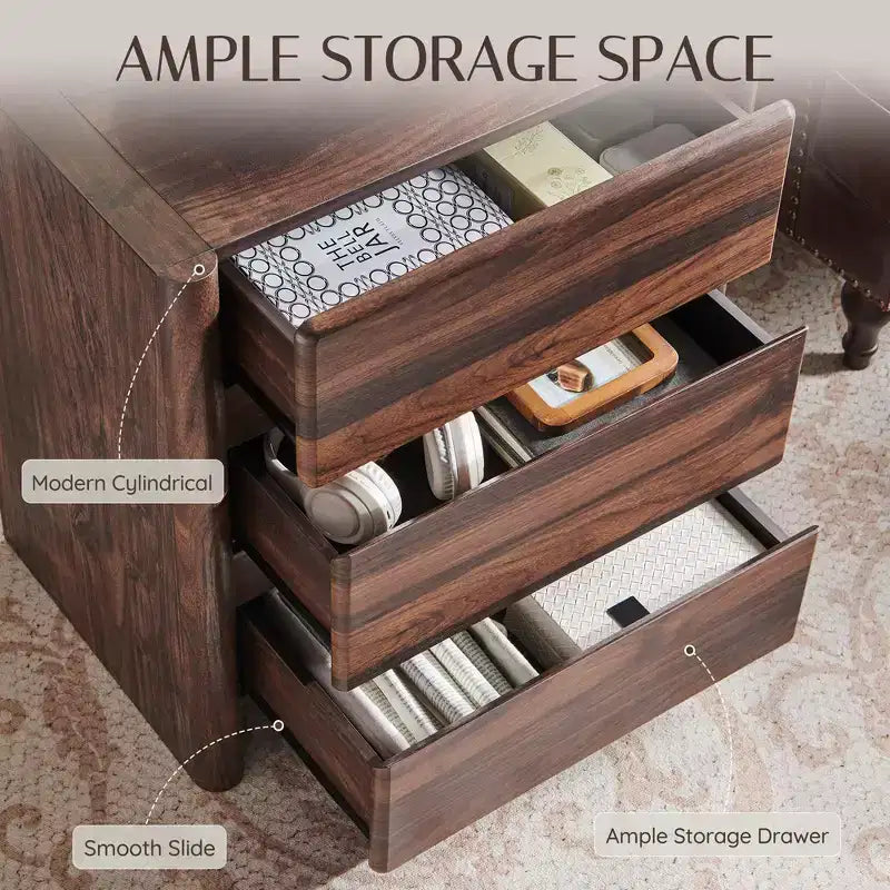 25 Tall Modern Nightstand with Charging Station & 3 Drawers, Rounded Corner Design, Wood Bedside Table for Bedroom & Living Room